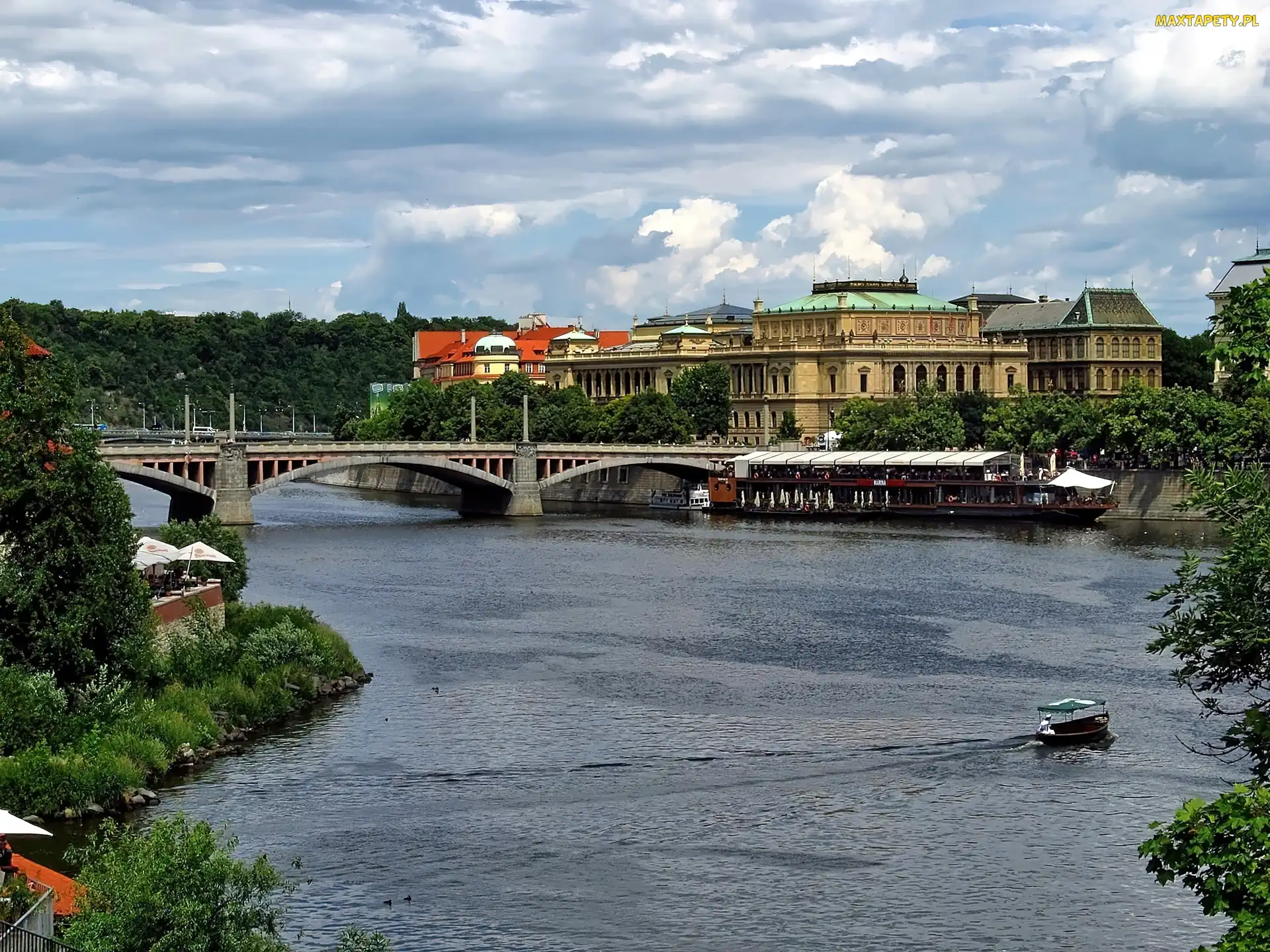 Zabytki, Domy, Wełtawa, Praga, Most, Łódka