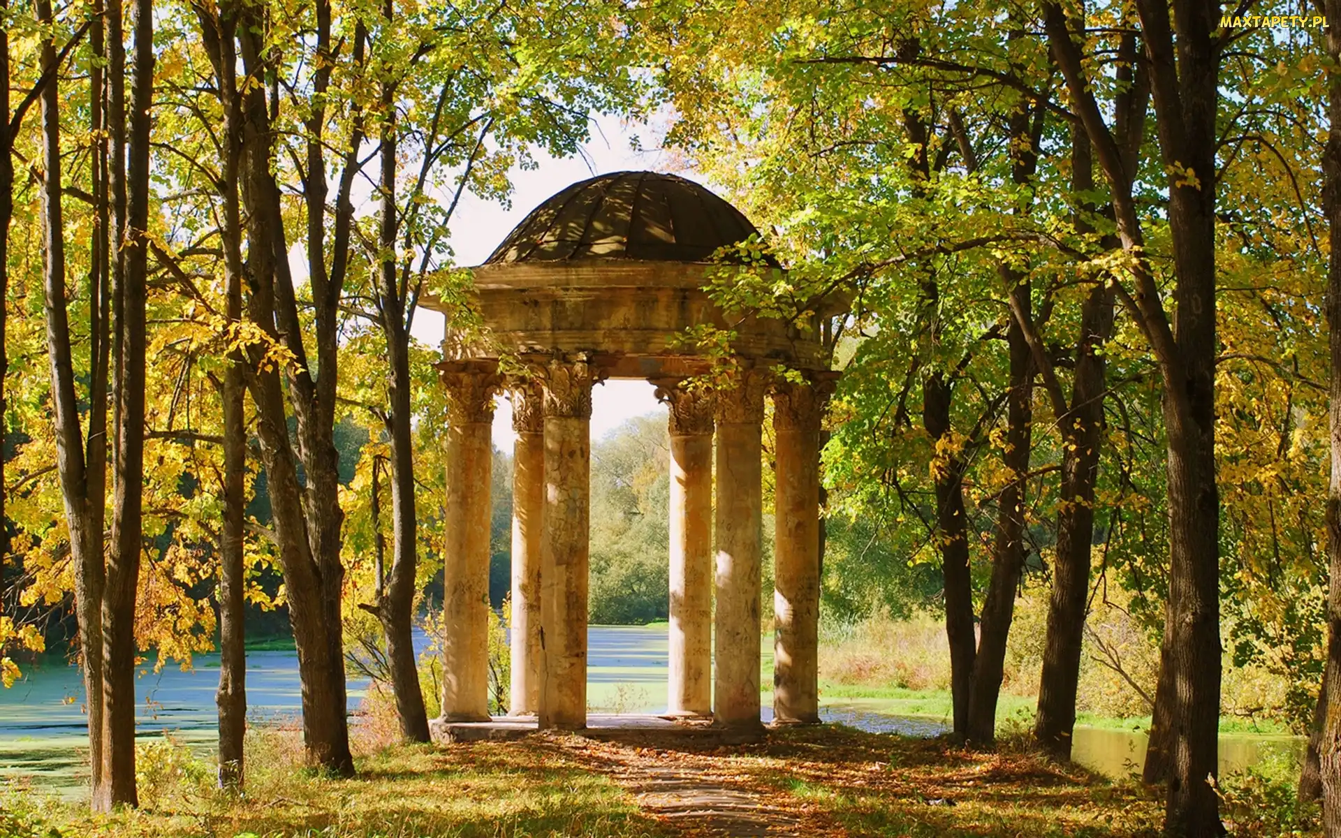 Budowla, Jesień, Park, Rzeka