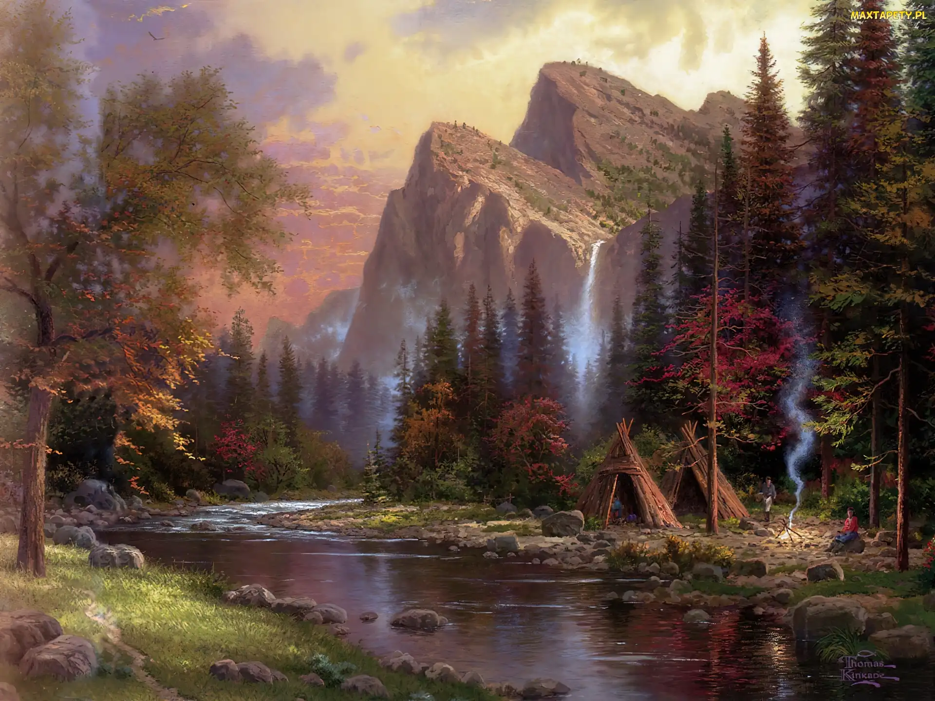 Góry, Thomas Kinkade, Las, Biwak, Rzeka