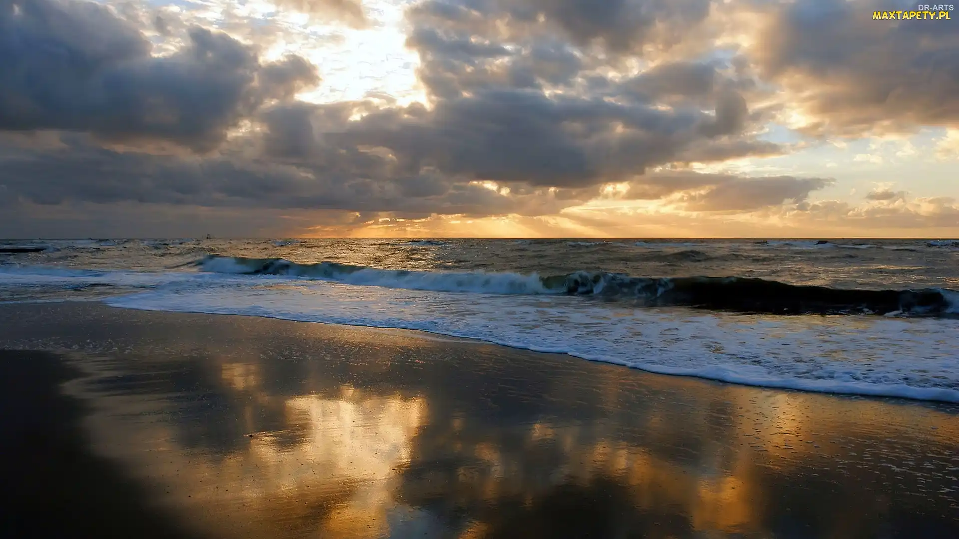 Zachód Słońca, Plaża, Morze, Chmury