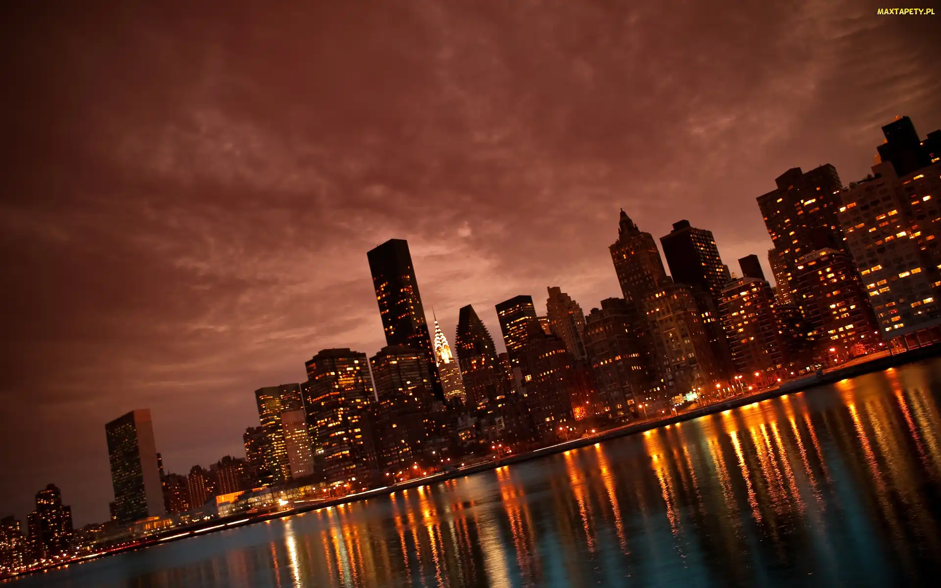 Nowy Jork, Zmrok, Wieżowce, Światła, Manhattan