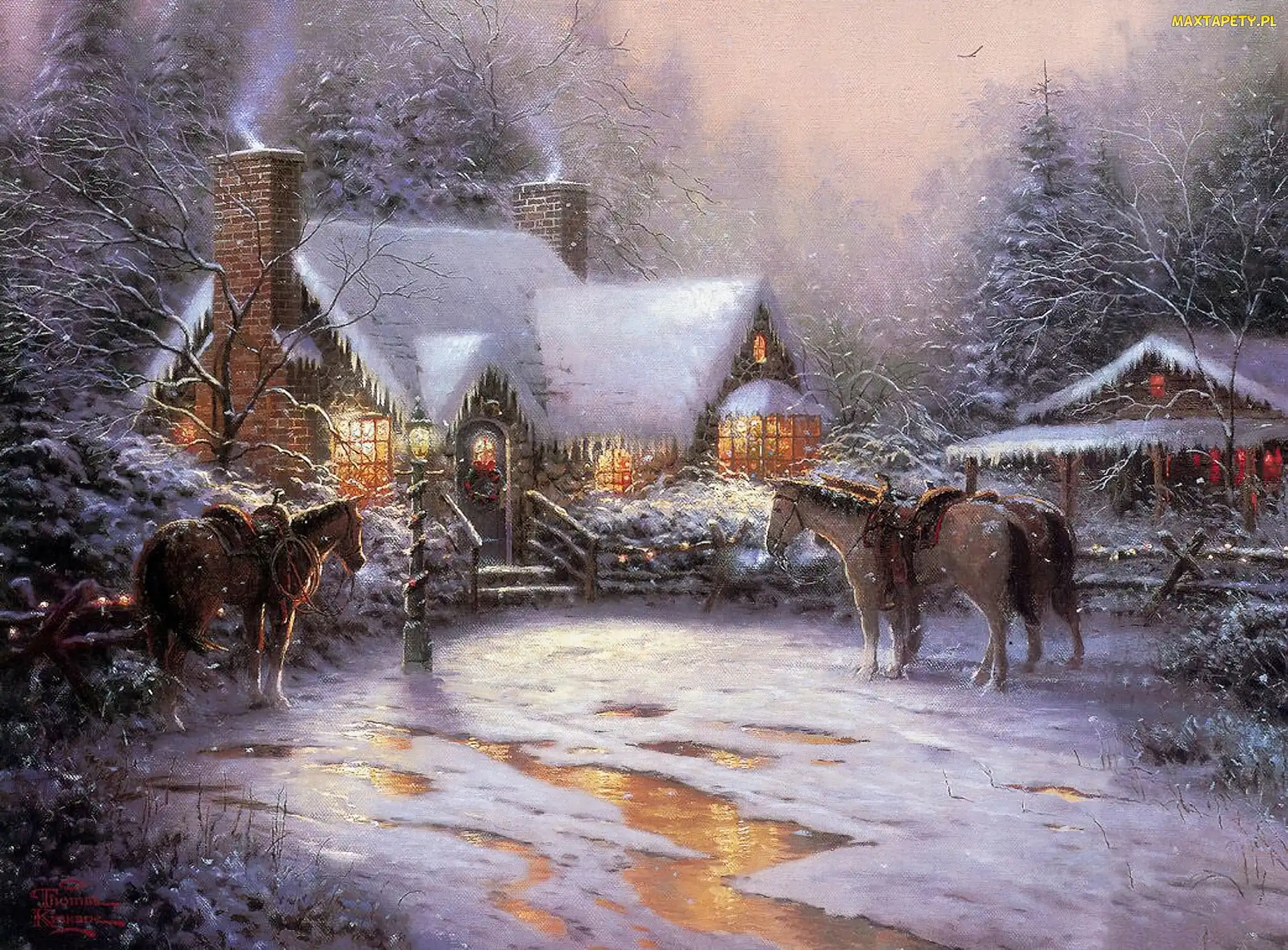 Obraz, Thomas Kinkade, Dworek, Konie, Zima