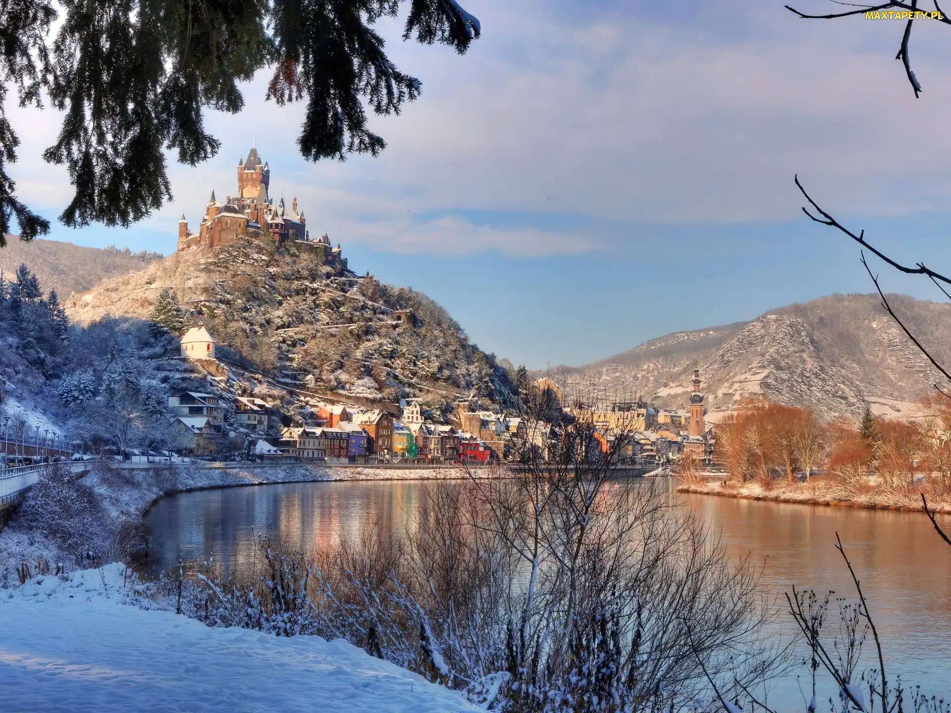 Miasto Cochem, Zima, Rzeka Mozela, Niemcy, Zamek Reichsburg