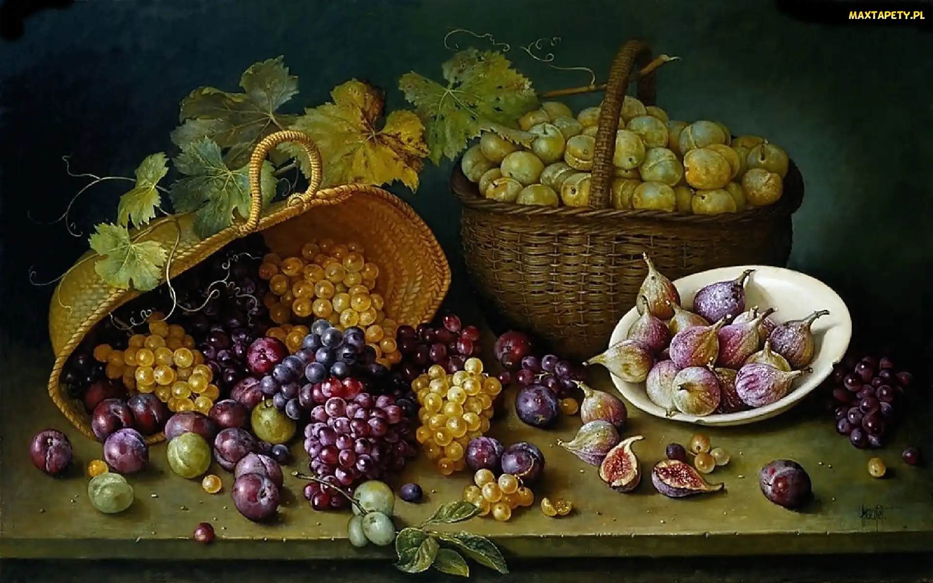 Winogrona, Śliwki, Stół, Kosze, Owoce