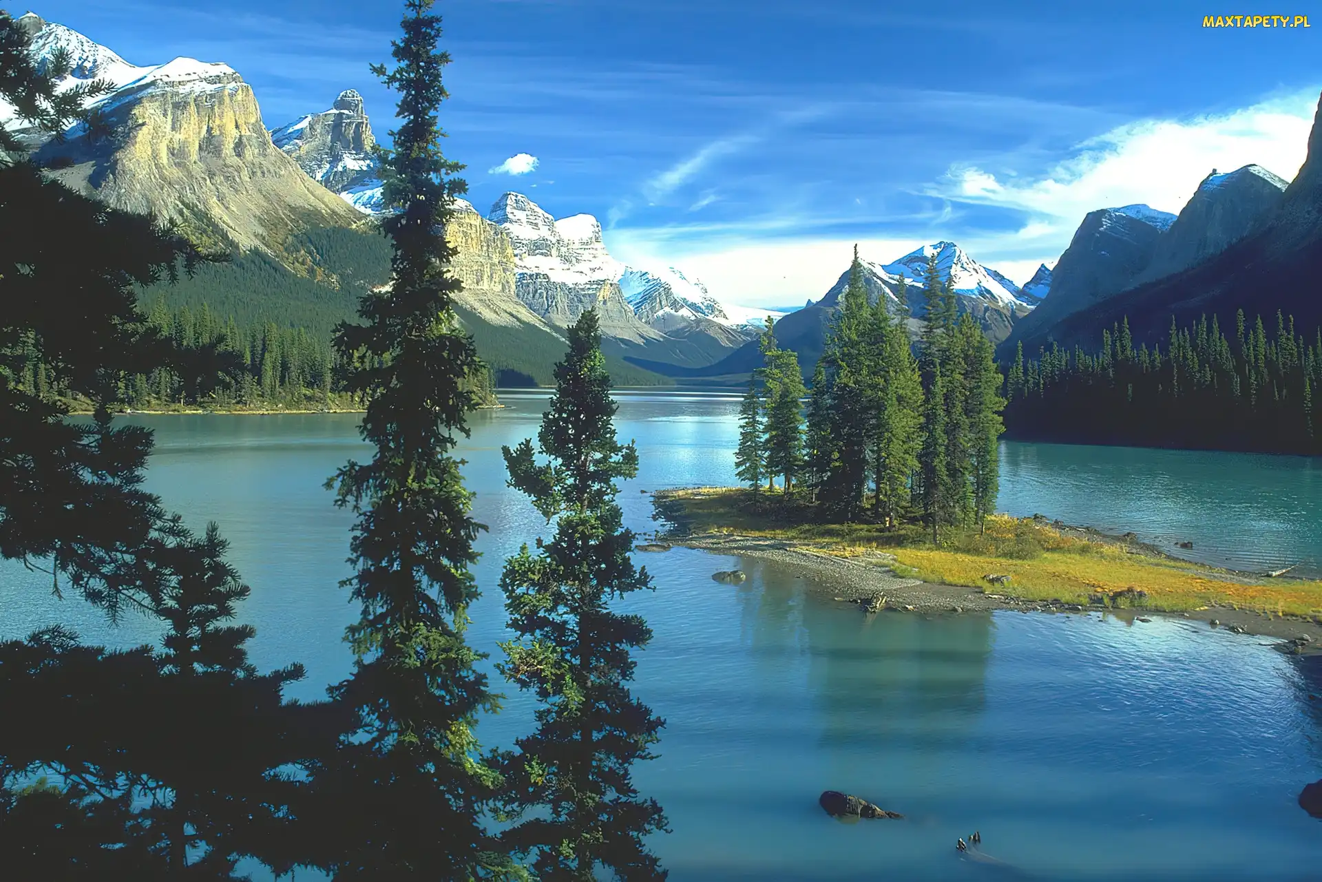 Wysepka, Maligne, Jezioro, Drzewa, Góry