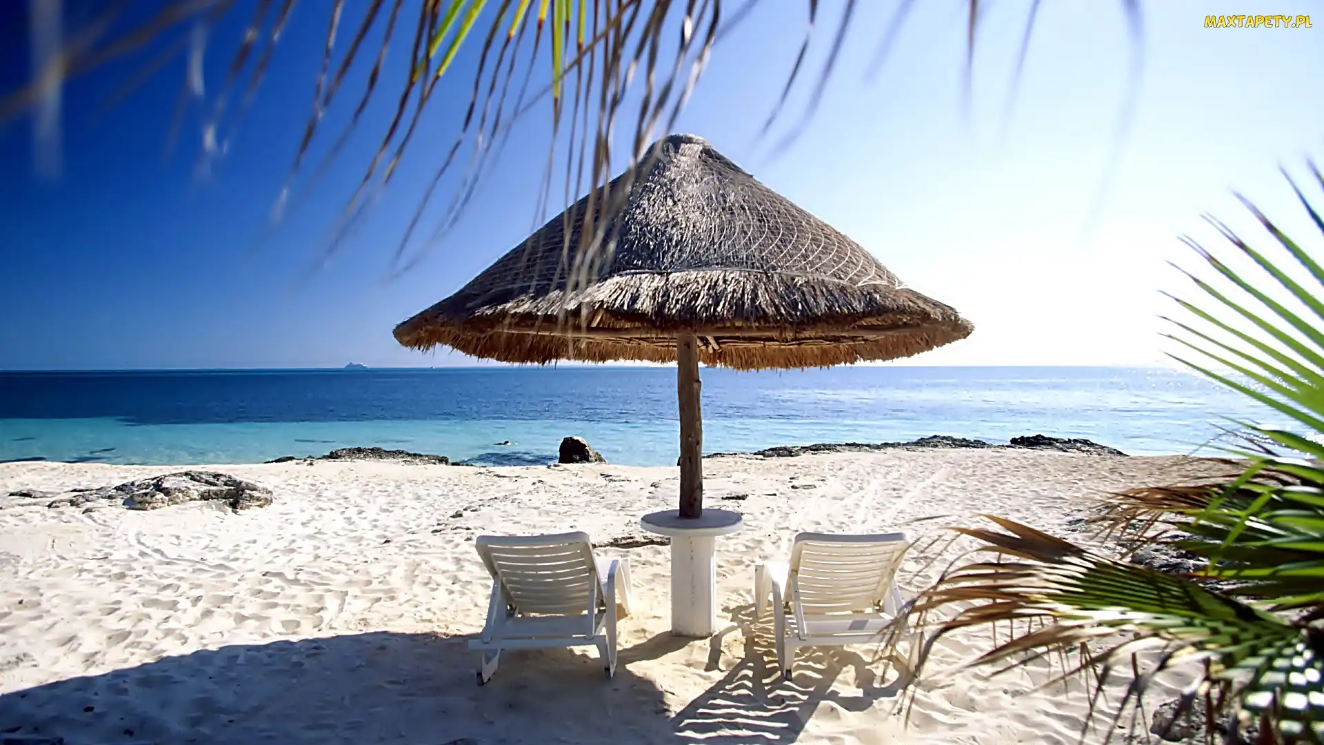 Plaża, Tropik, Leżaki, Parasol, Ocean
