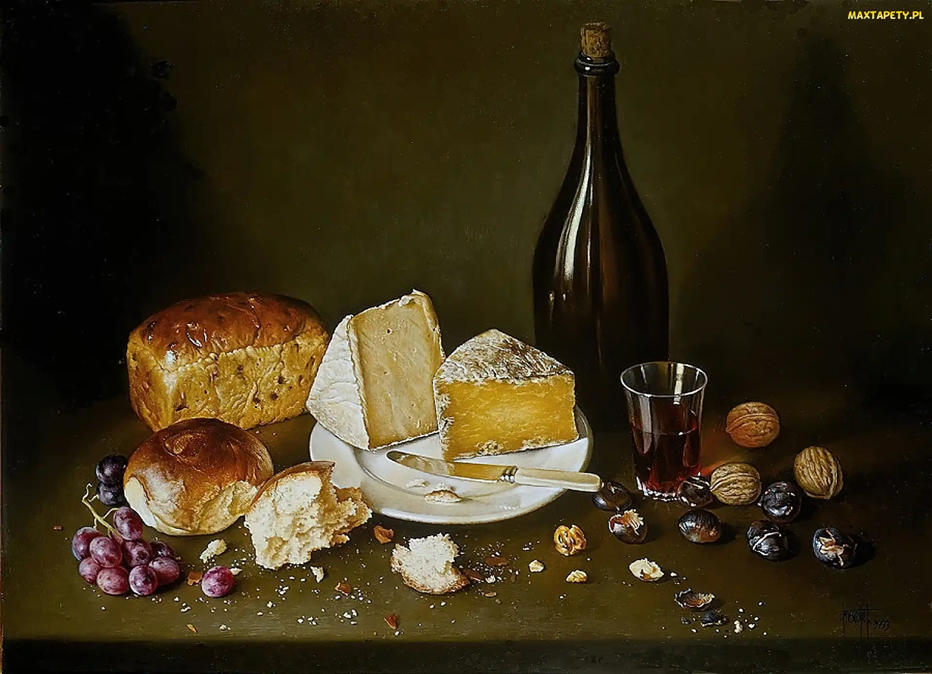Stół, Winogrona, Wino, Butelka, Ser, Chleb