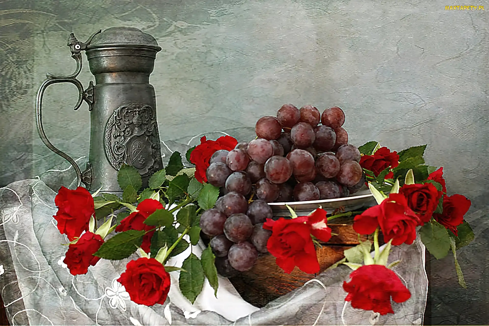 Winogrona, Róże, Kufel, Kwiaty