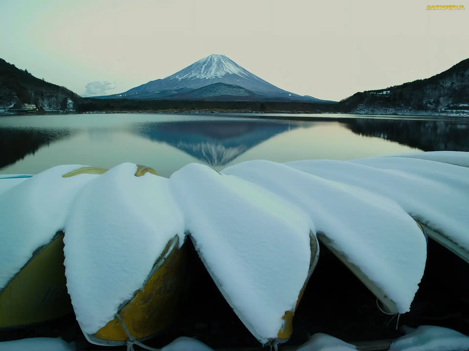 Jezioro, Japonia, Fuji, Góra, Zima