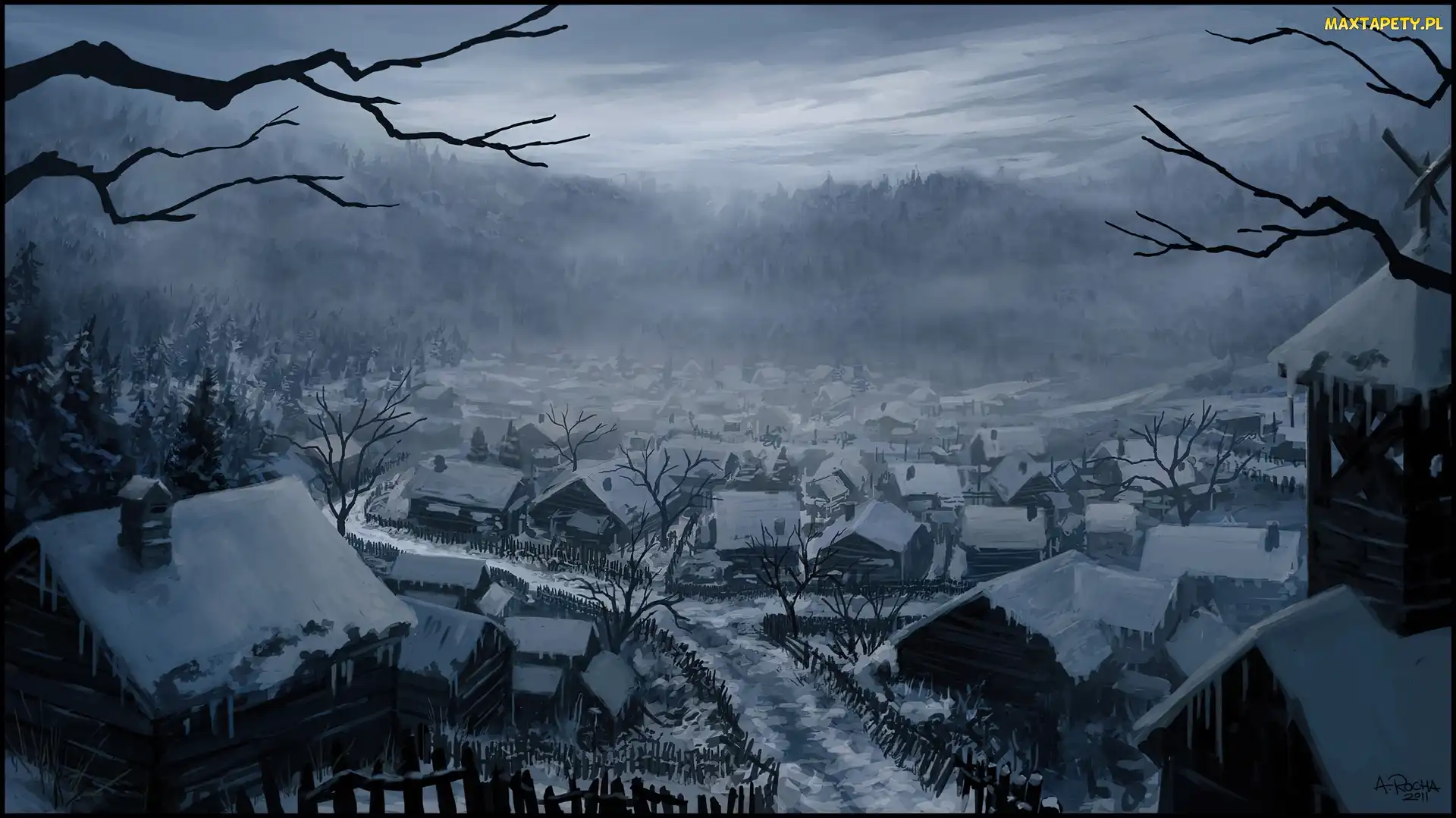 Mgła, Śnieg, Malarstwo, Andreas Rocha, Wioska, Zima