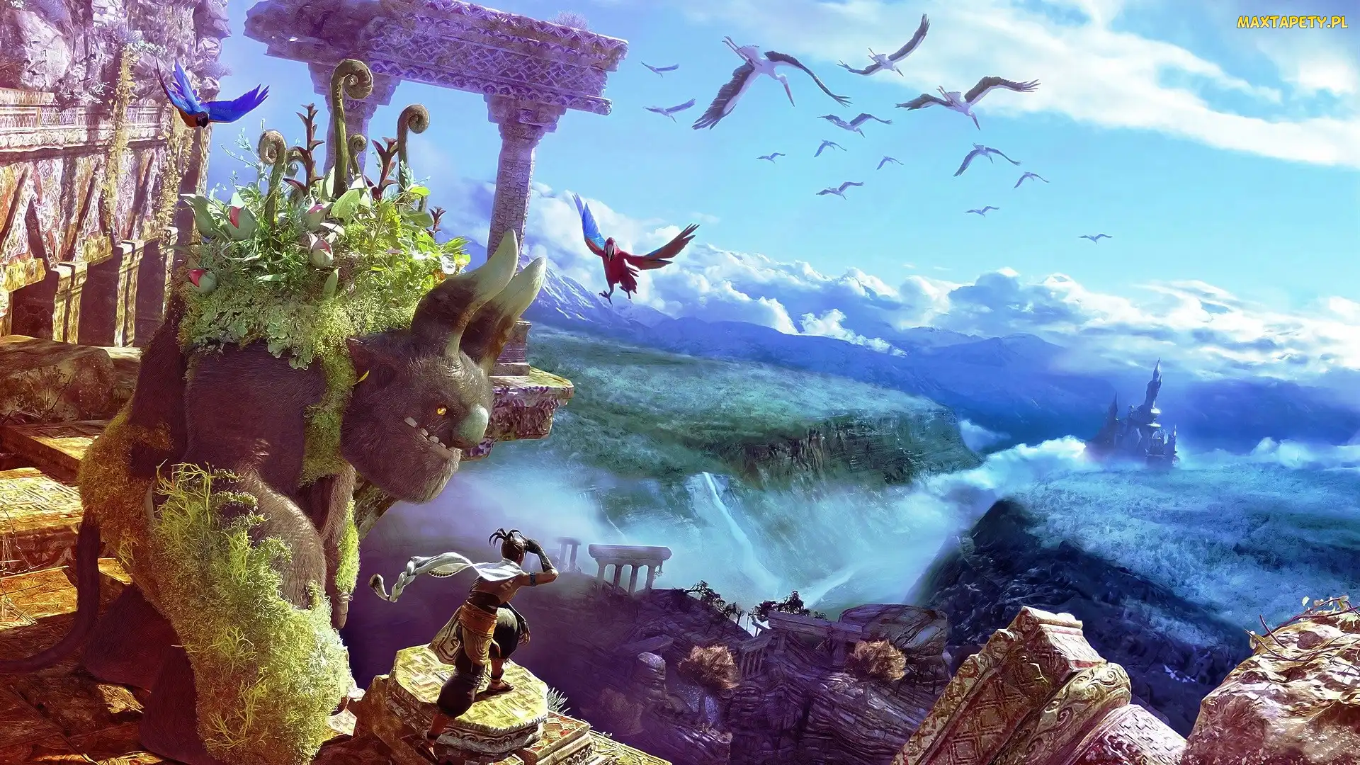 Fantasy, Stwór, Bociany, Ptaki, Papugi, Zamek