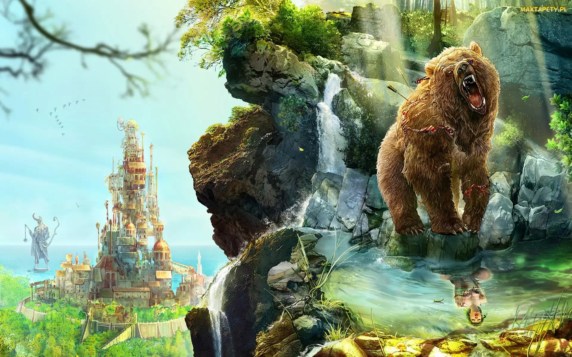 Niedźwiedź, Ryczący, Fantasy, Kobieta, Skały, Zamek, Odbicie
