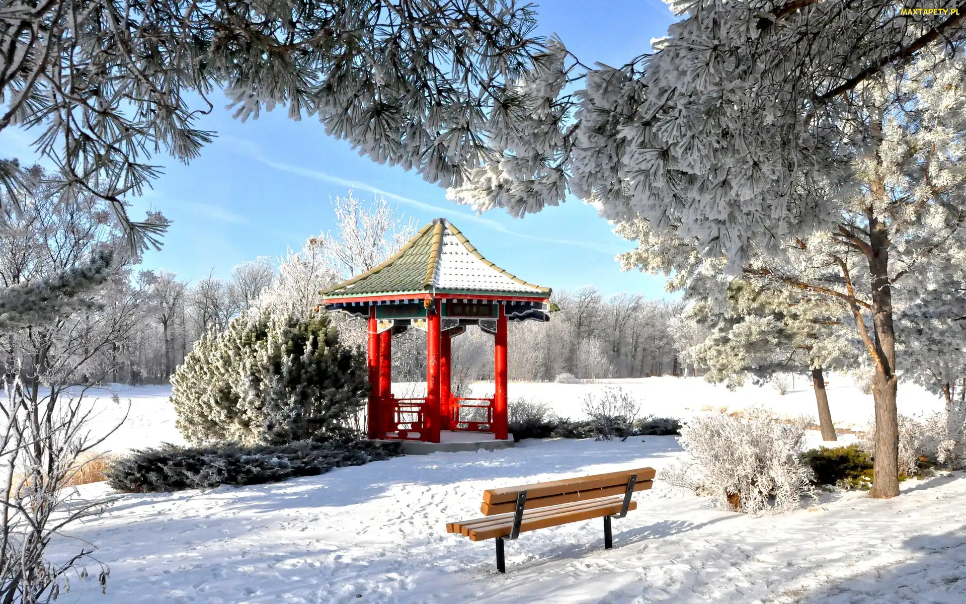 Ławka, Park, Drzewa, Zima, Altana