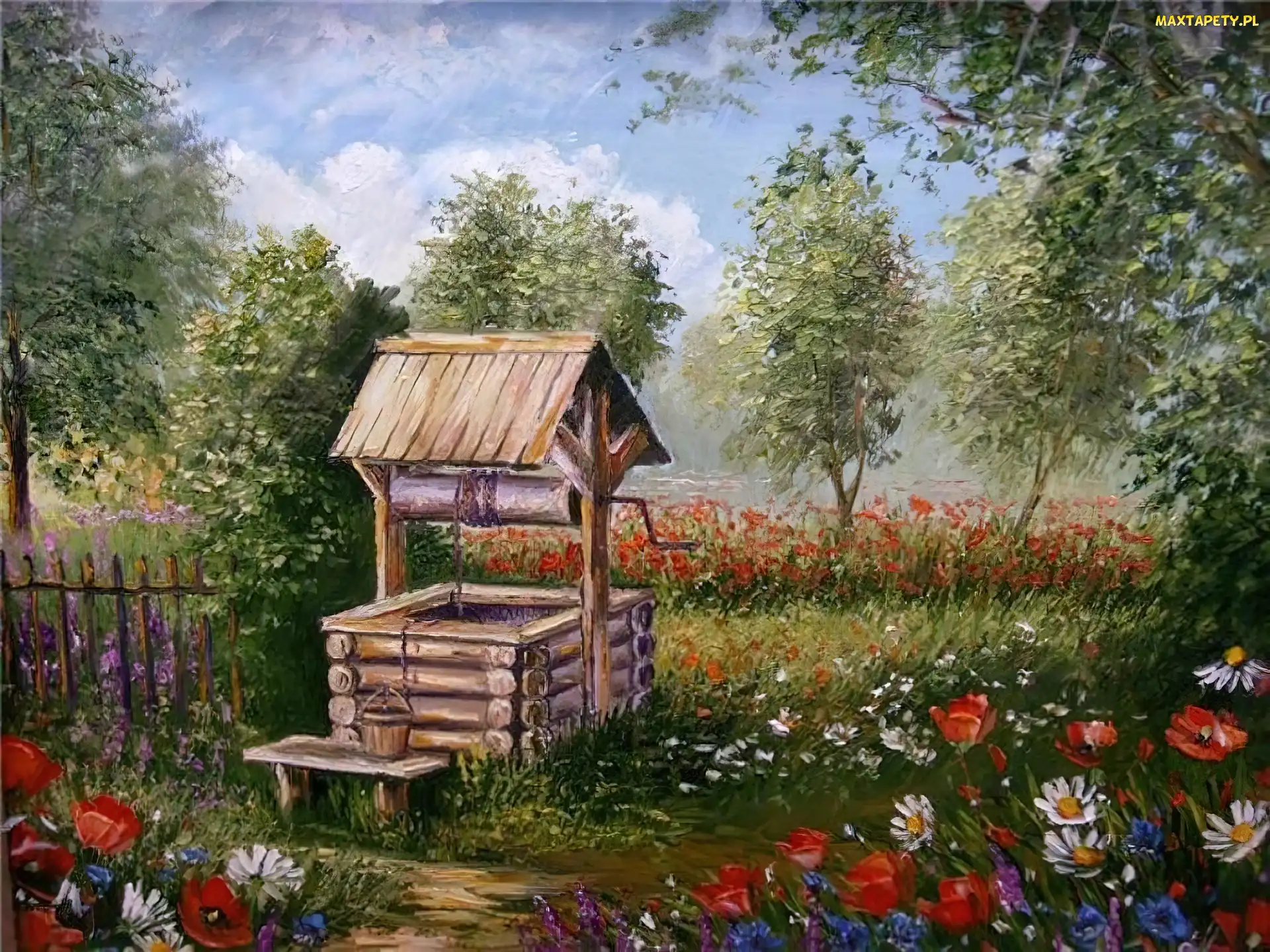 Ogród, Kwiaty, Studnia