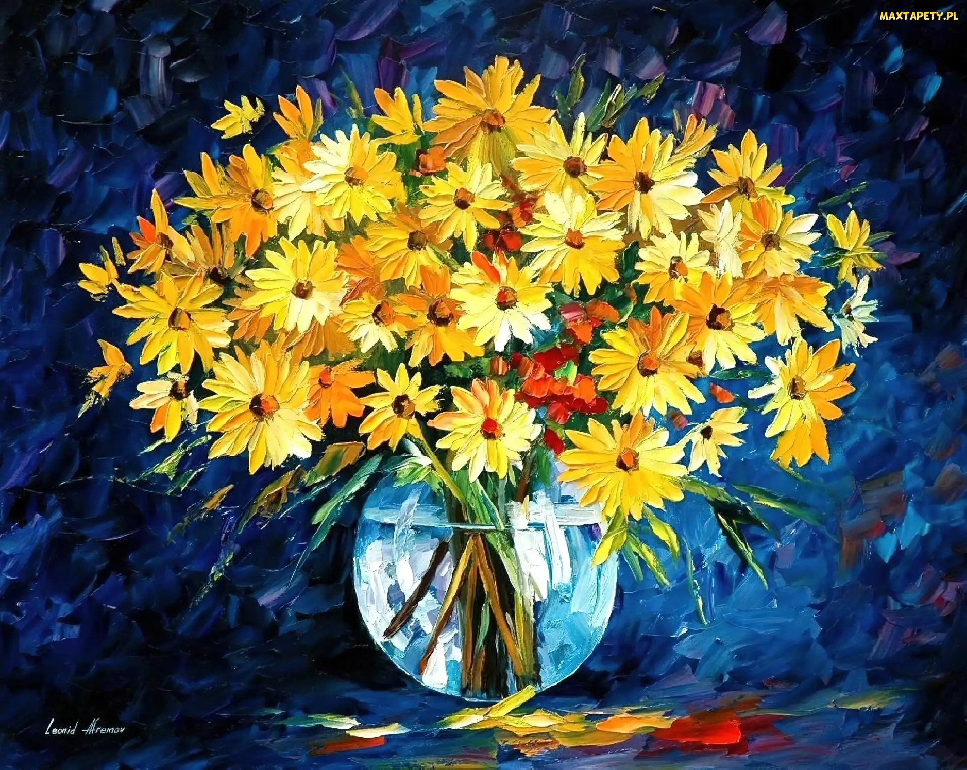 Obraz, Reprodukcja, Leonid Afremov, Kwiaty, Bukiet, Żółte