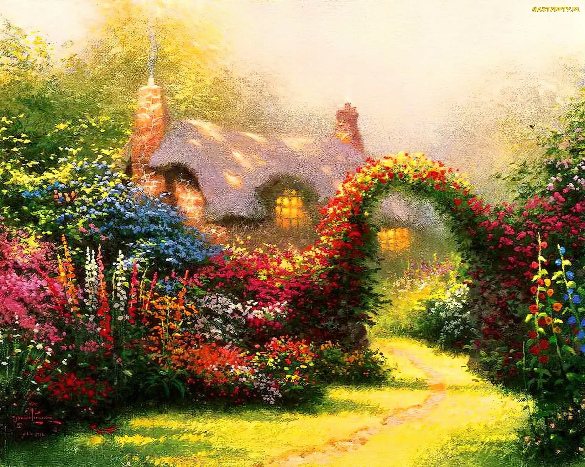 Thomas Kinkade, Kwiaty, Ogród, Dom