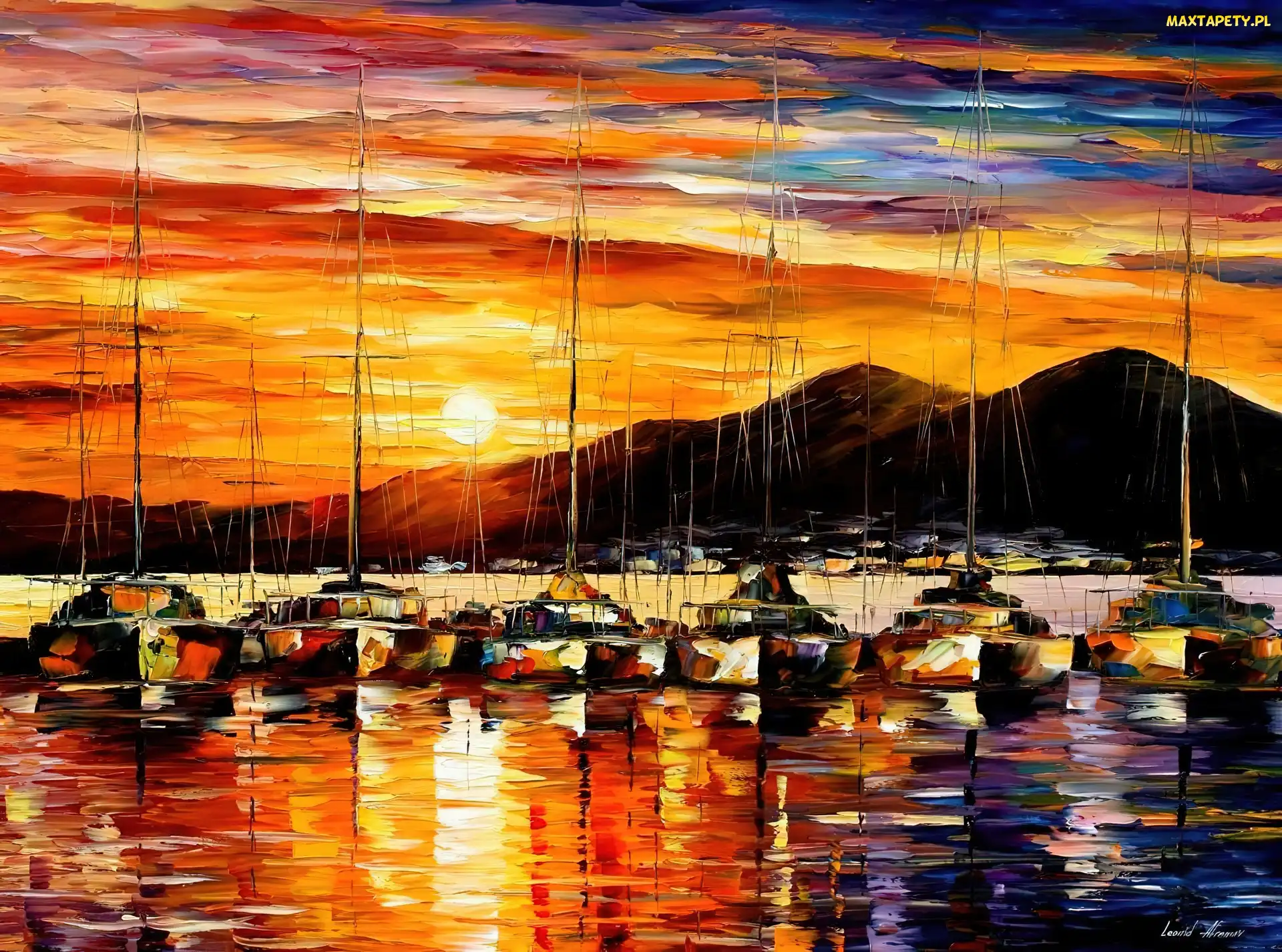 Leonid Afremov, Zachód słońca, Góry, Żaglówki, Reprodukcja obrazu