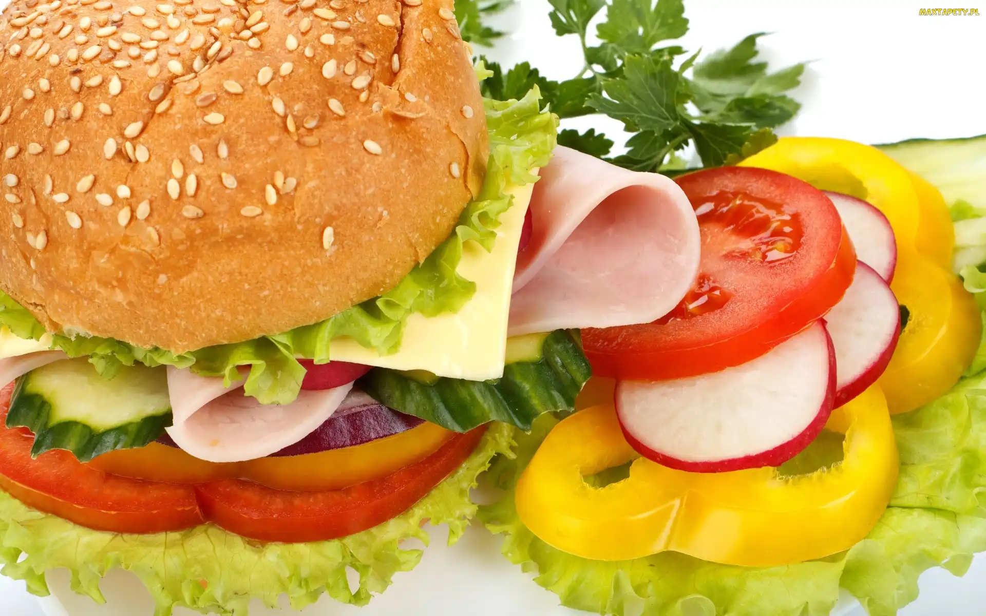 Warzywa, Szynka, Hamburger, Ser