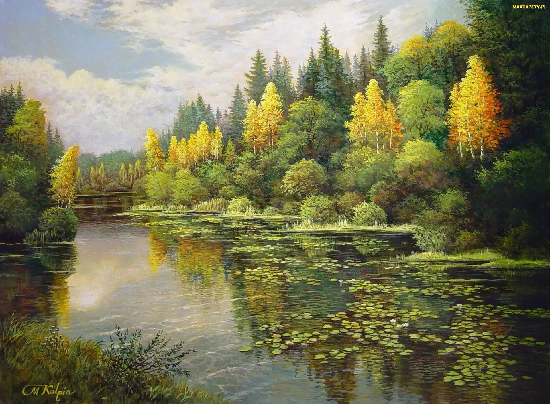 Las, Mark Kalpin, Malarstwo, Jesień, Jezioro