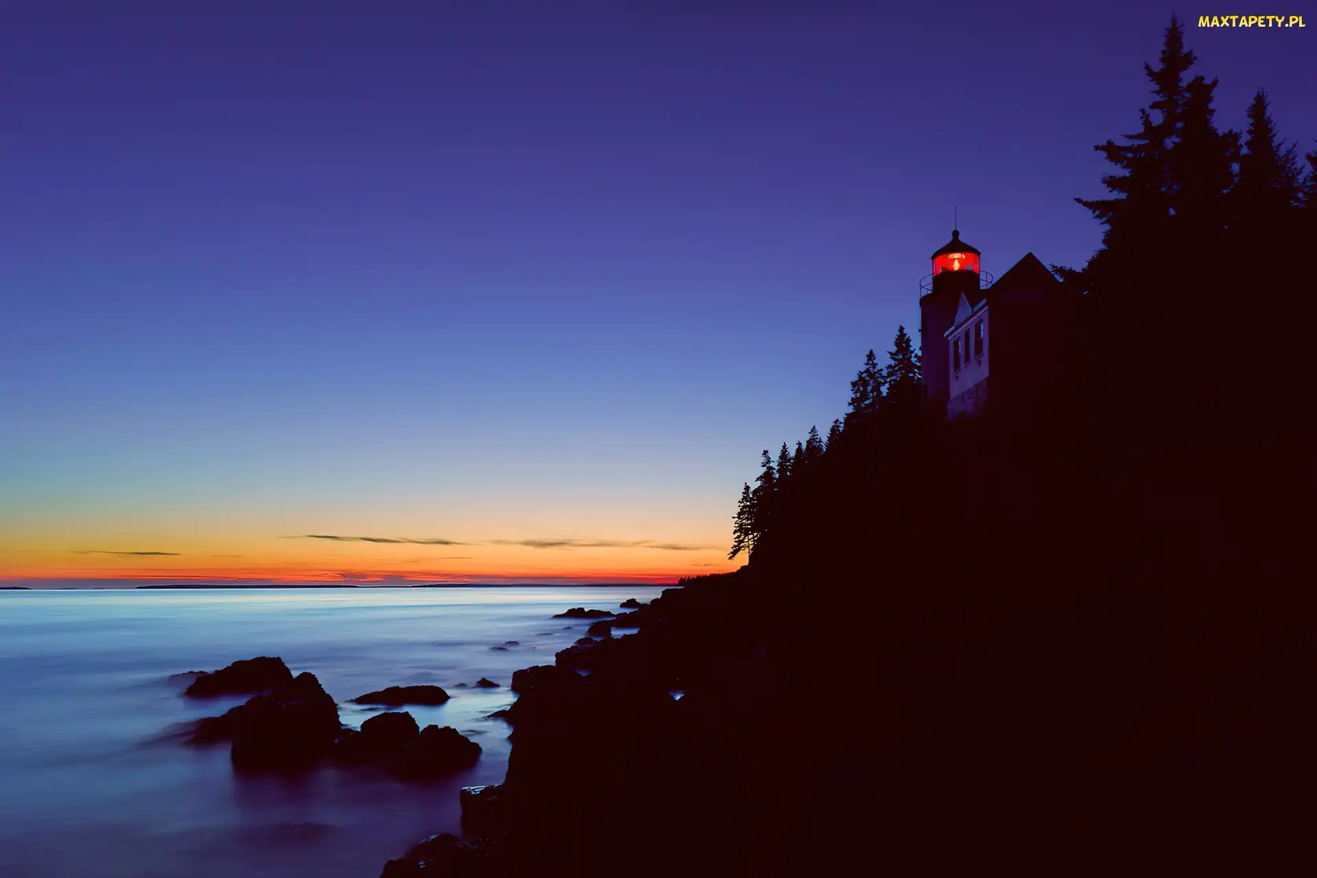 Morze, Maine, Bass Harbor, Noc, Latarnia Morska