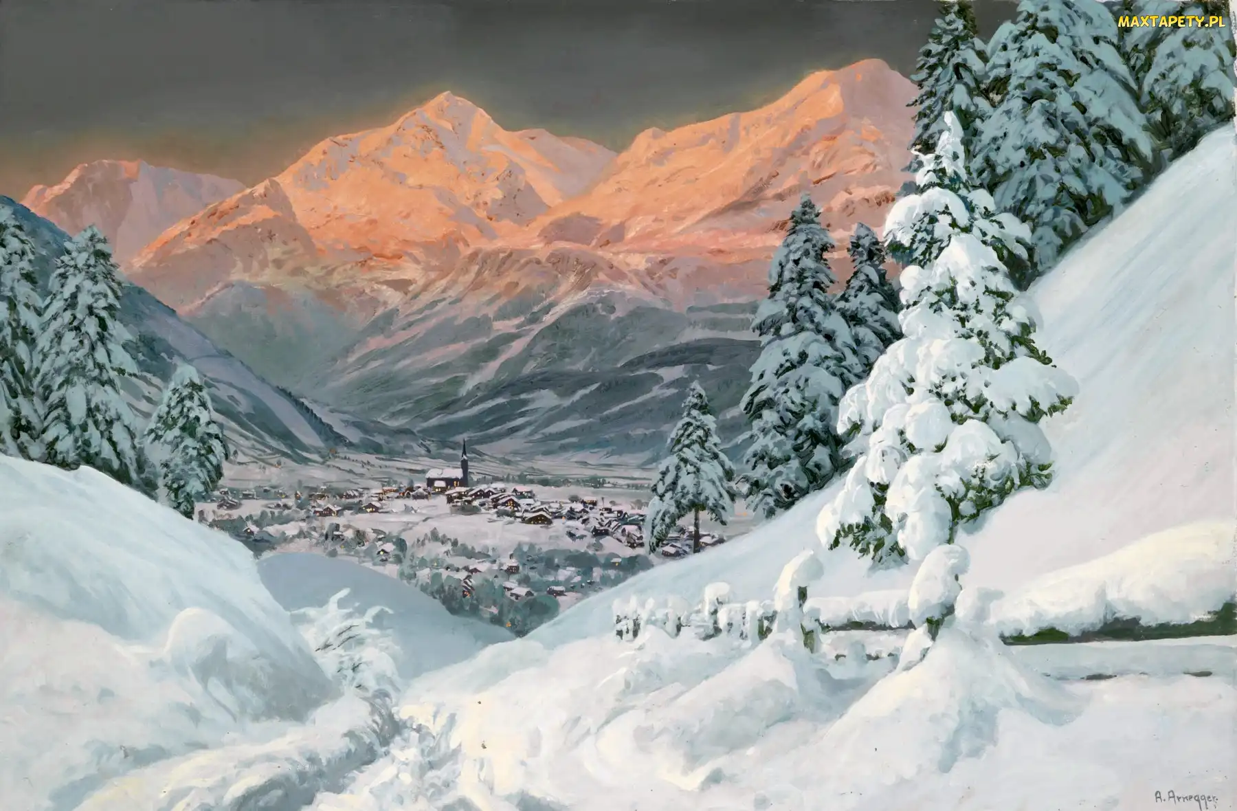 Alois Arnegger, Obraz, Zimowy, Góry, Widoczek, Zima Malarstwo