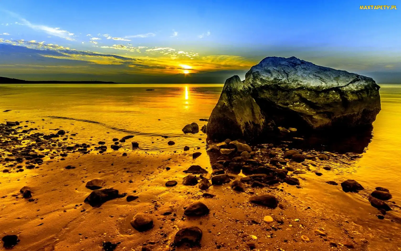 Zachód, Plaża, Jezioro, Kamienie, Słońca