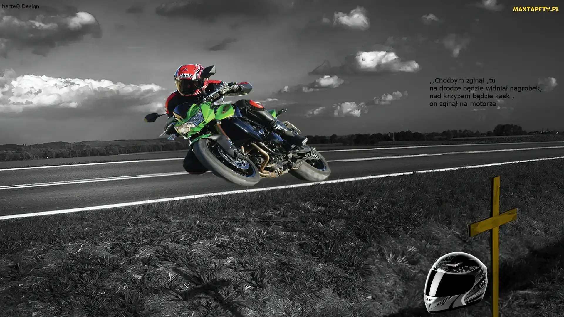 Droga, Motocyklista, Krzyż, Kask