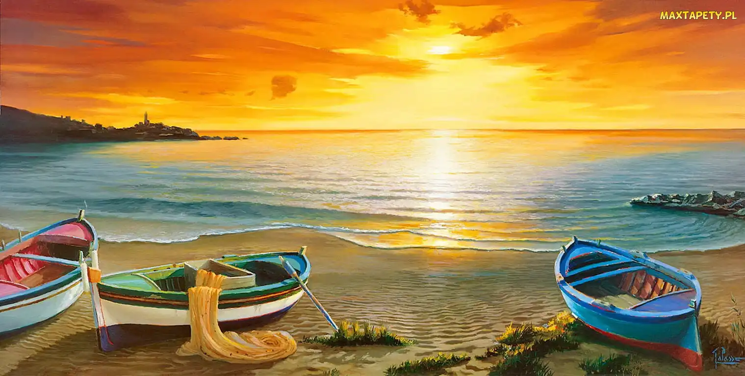 Morze, Słońca, Zachód, Plaża, Łódki