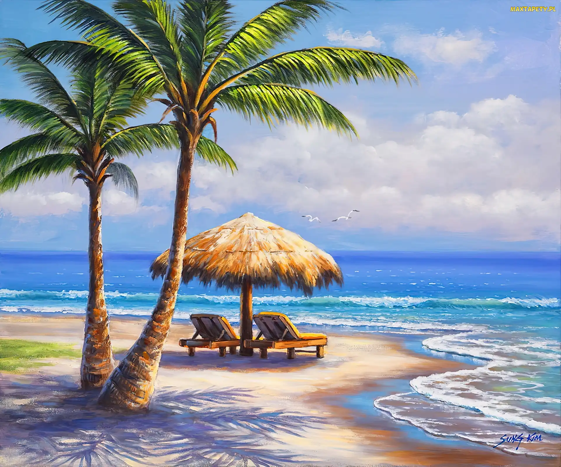 Plaża, Leżaki, Parasol, Palmy, Morze