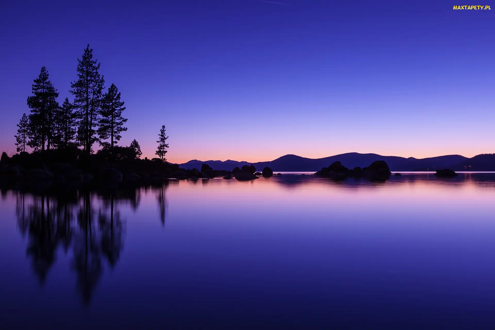 Kalifornia, Tahoe, Drzewa, Jezioro, Góry, Noc
