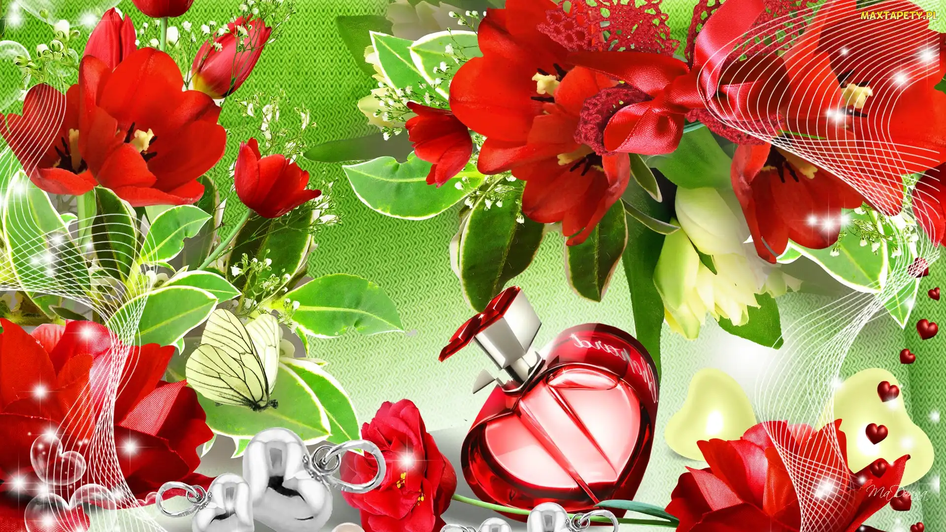 Art, Serce, Tulipany, Czerwone, Motyl, Flakonik