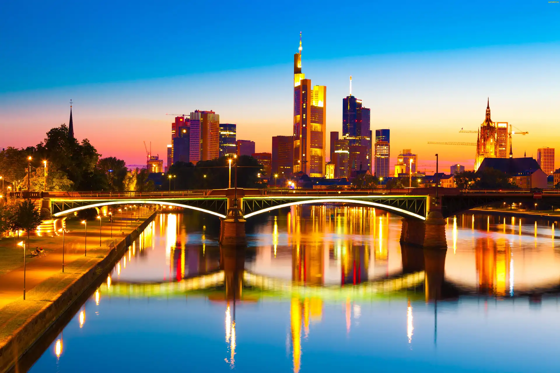 Słońca, Nad Menem, Frankfurtu, Panorama, Zachód