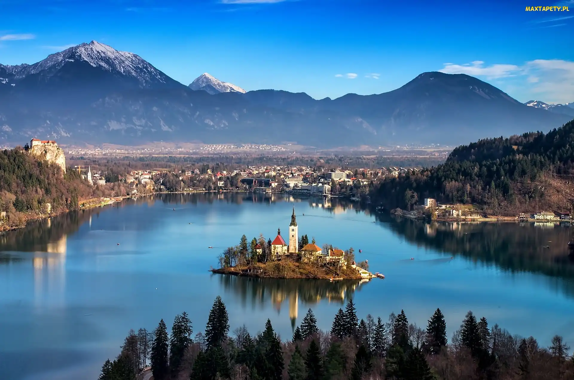 Jezioro, Słowenia, Bled, Wyspa, Góry