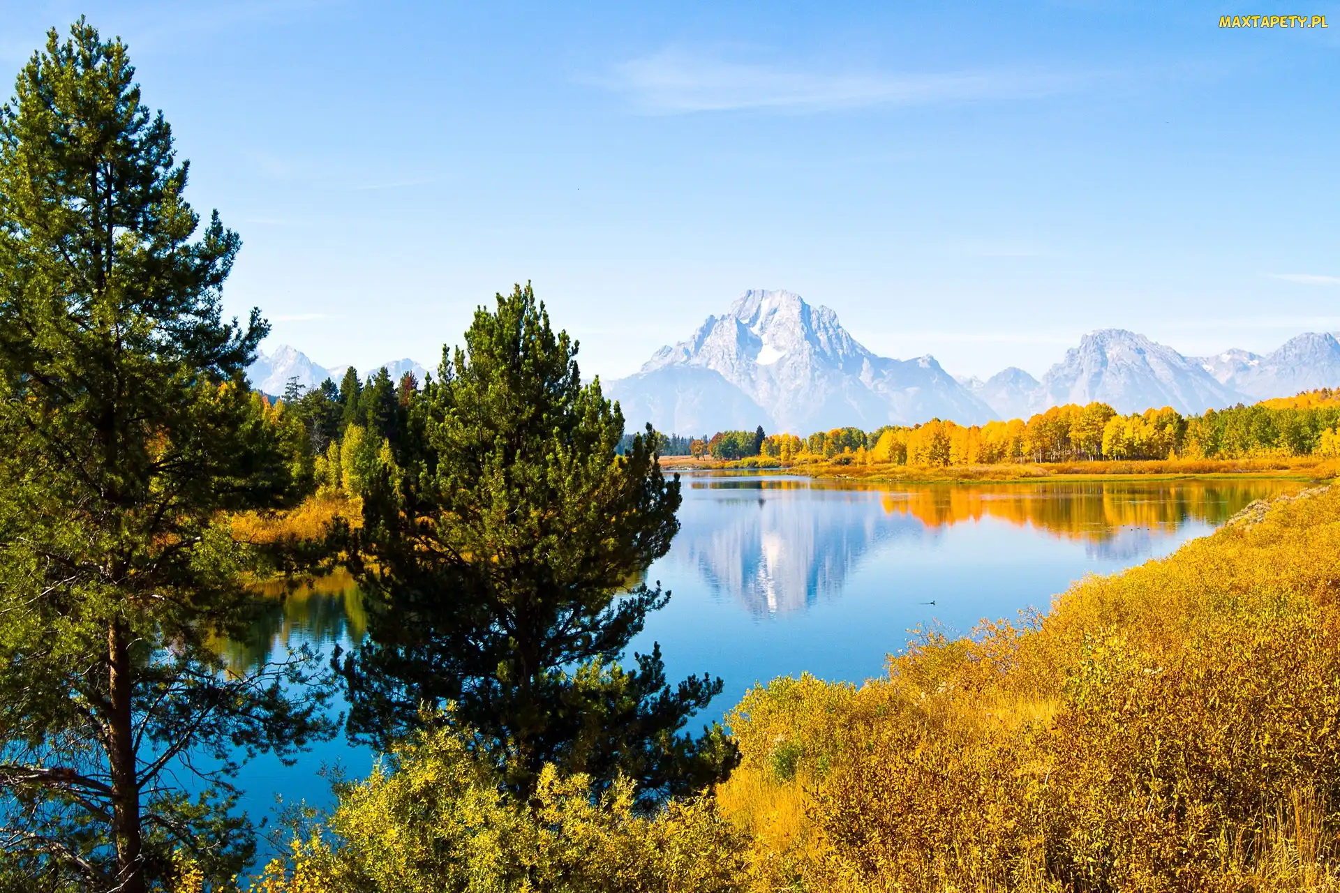 Szczyt Mount Moran, Góry, Stan Wyoming, Drzewa, Rzeka Snake River, Stany Zjednoczone, Park Narodowy Grand Teton