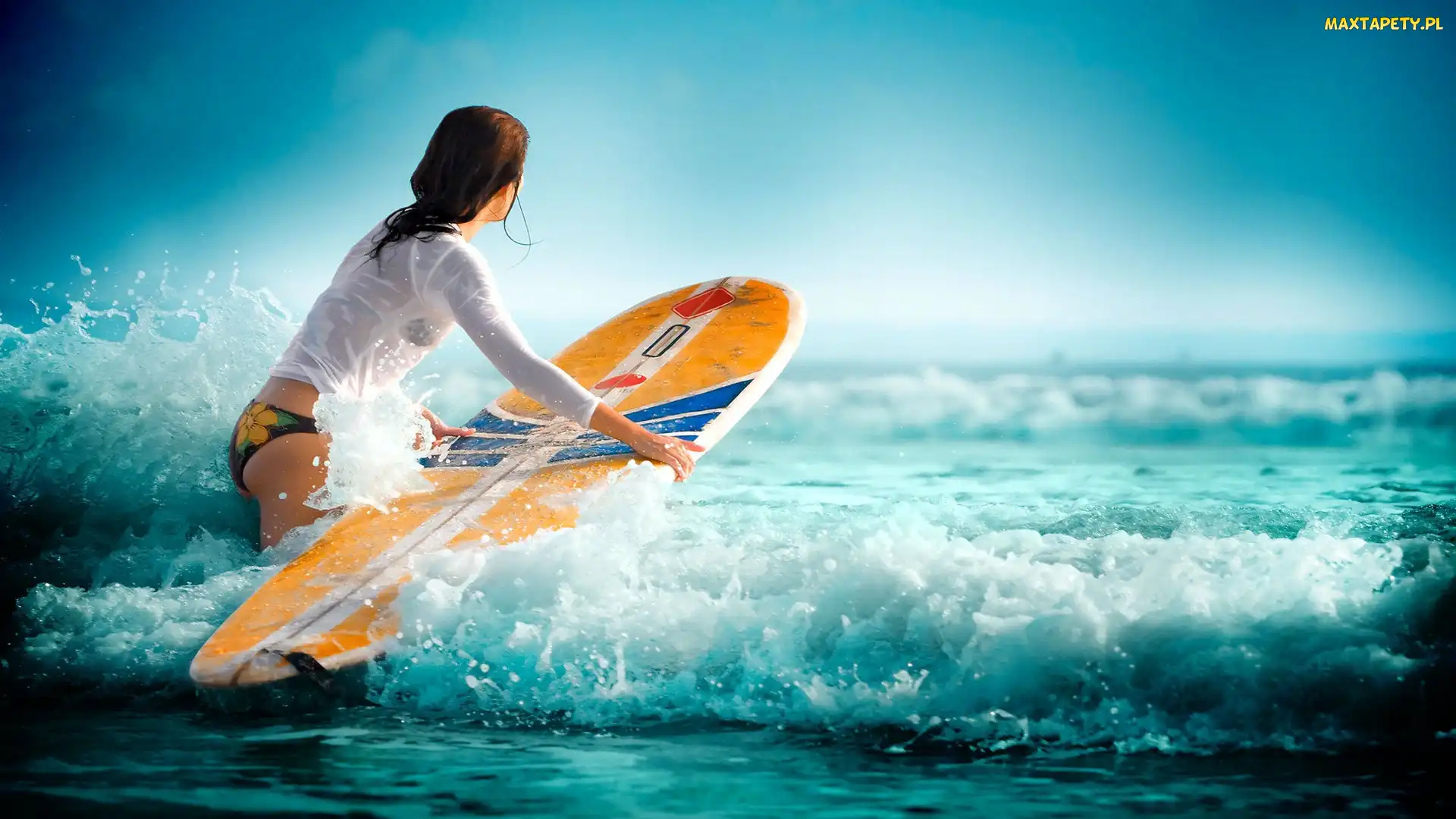 Kobieta, Surfing, Fale, Morze
