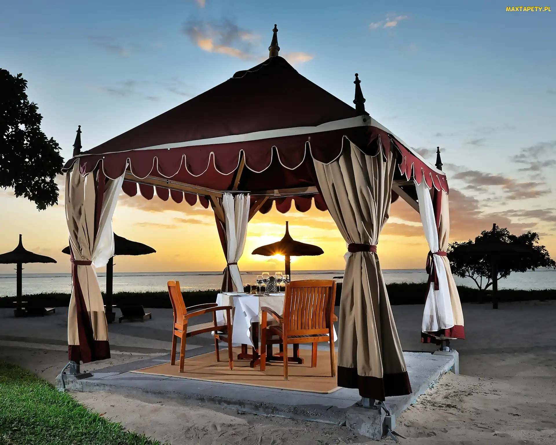 Restauracja, Plaża, Zachód, Tropiki, Słońca, Morze