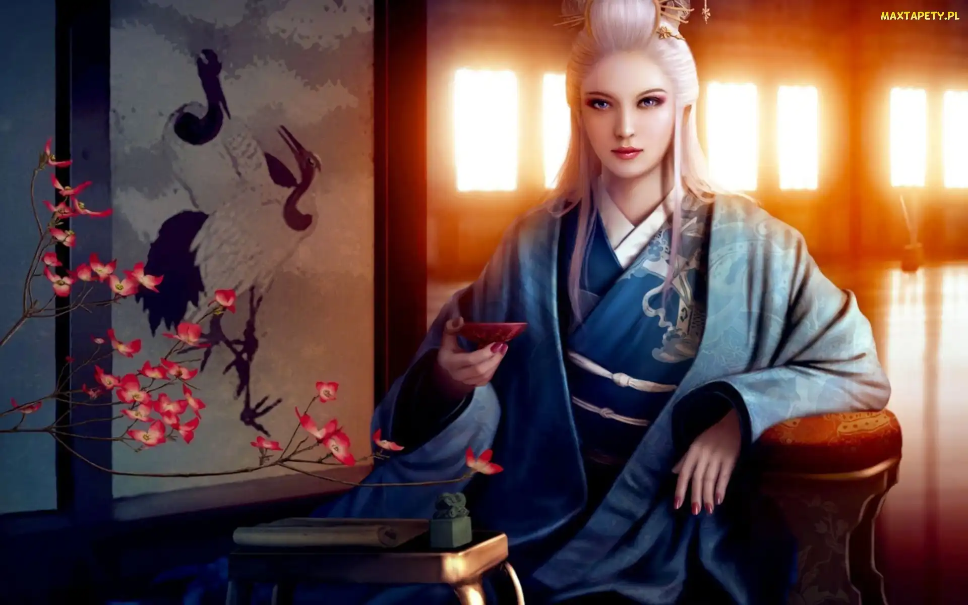 Japonka, Wiśni, Kwiat, Kimono, Kobieta