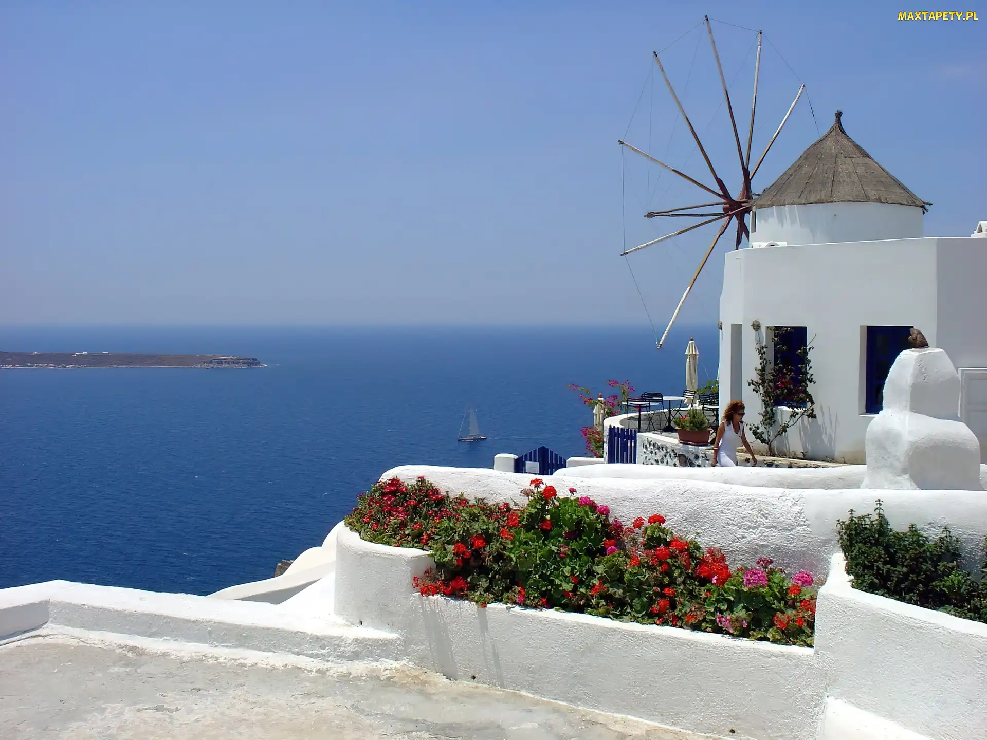 Grecja, Santorini, Wiatrak, Morze