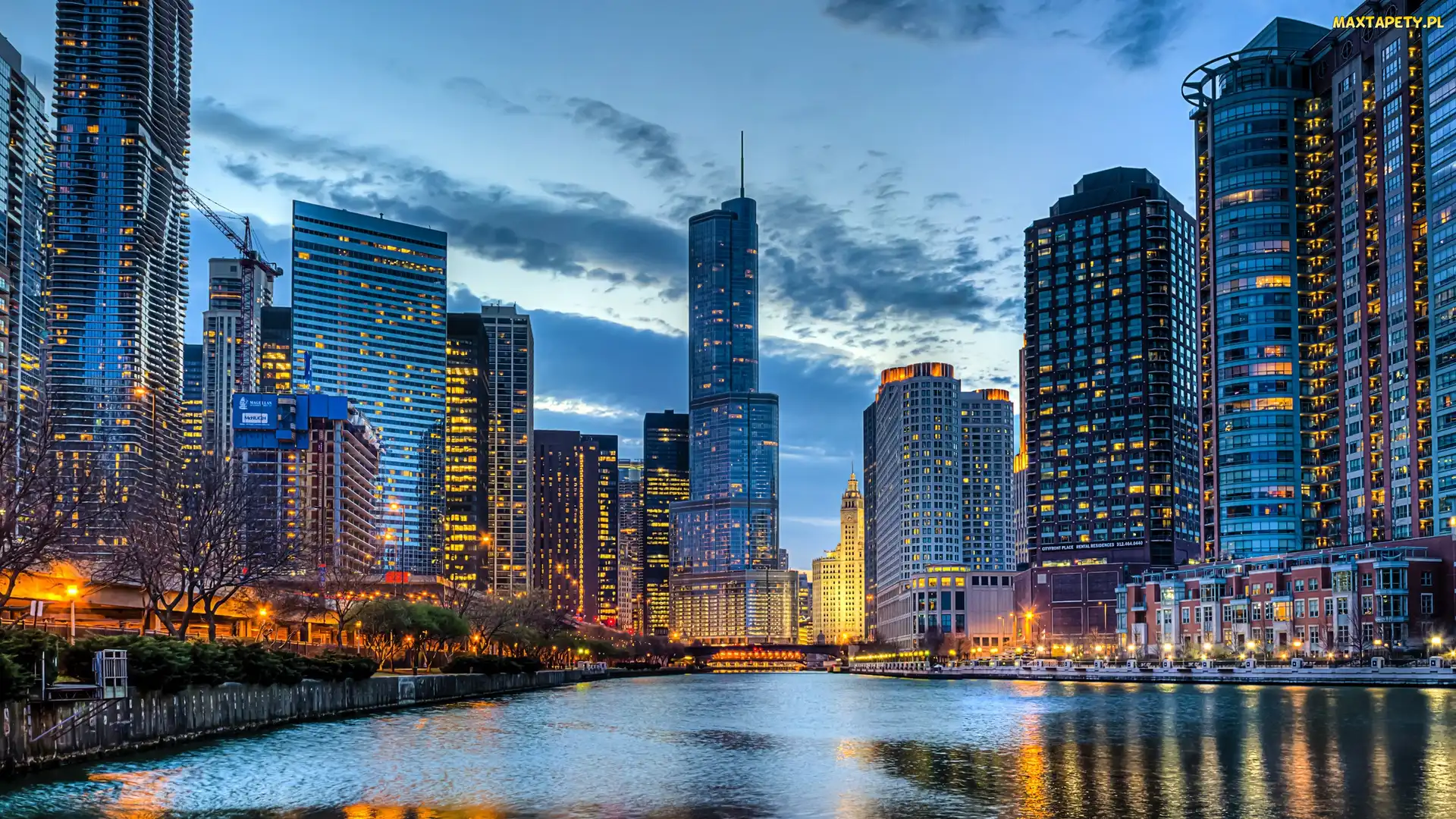Drapacze, USA, Chicago, Chmur, Rzeka