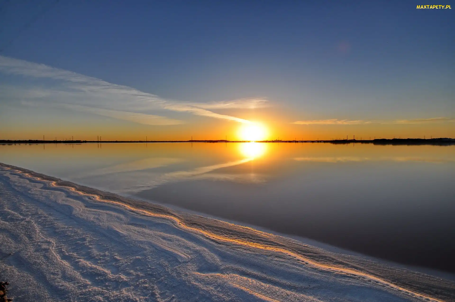 Słońca, Zachód, Jezioro, Plaża