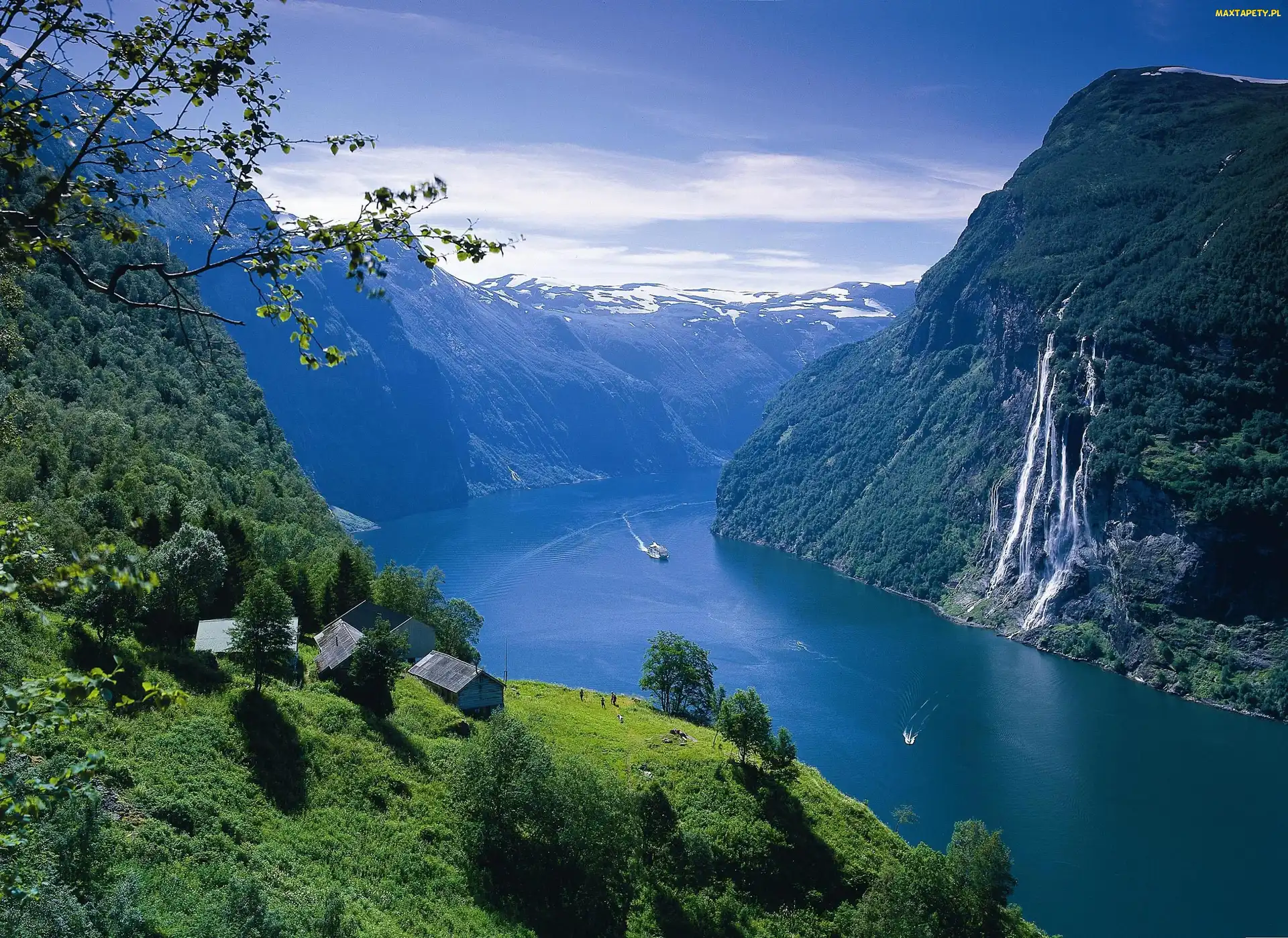 Norwegia, Statek, Wodospad, Góry, Fiord Geirangerfjorden