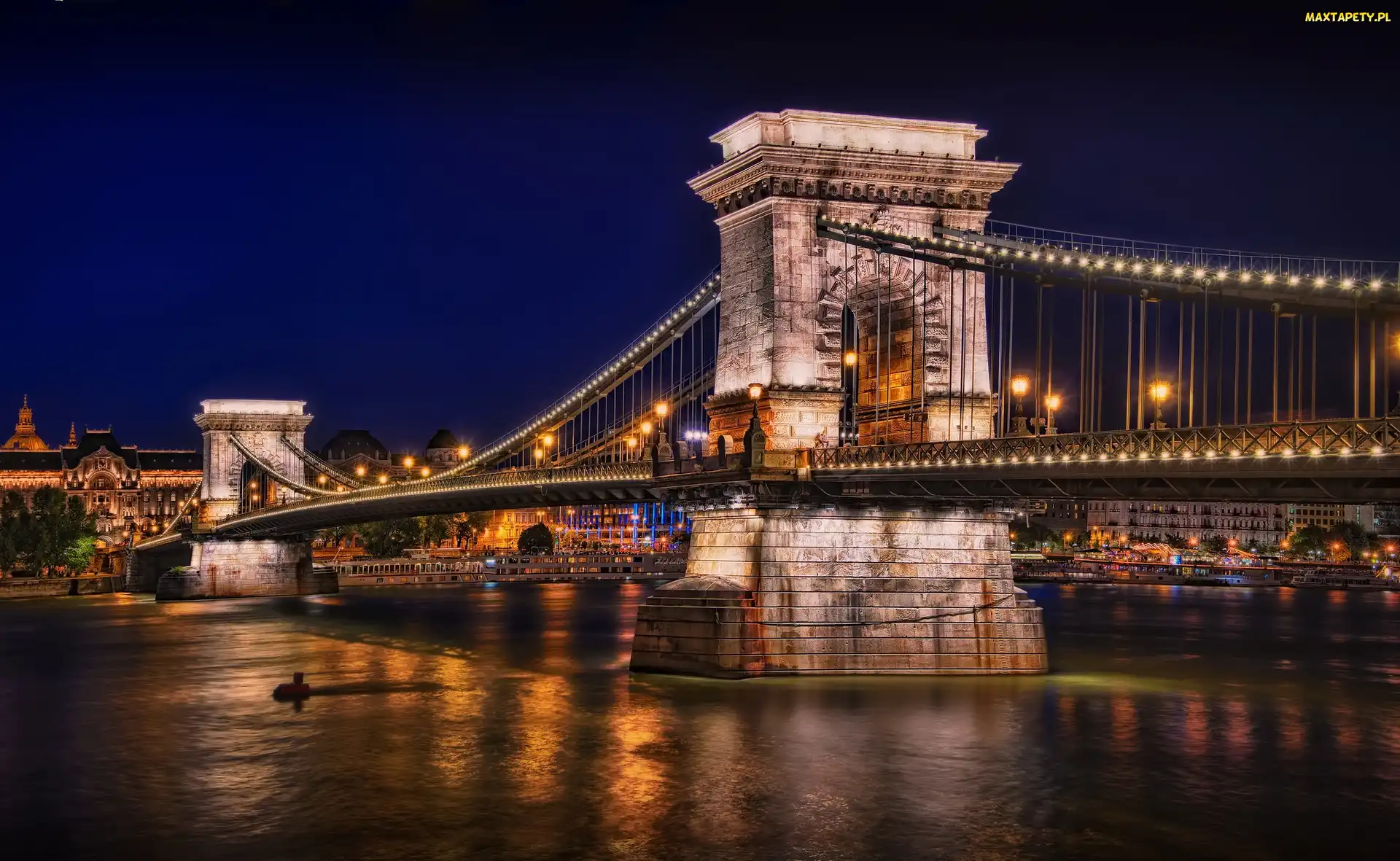 Węgry, Budapeszt, Most, Dunaj, Łańcuchowy, Noc