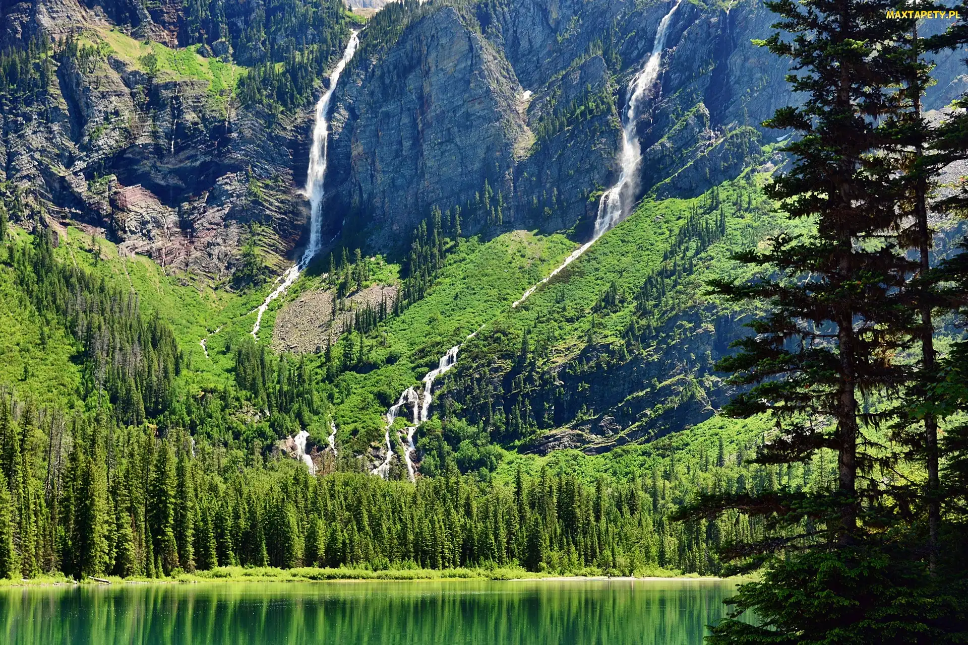 Drzewa, Góry, Stan Montana, Wodospady, Jezioro Hidden Lake, Stany Zjednoczone, Park Narodowy Glacier