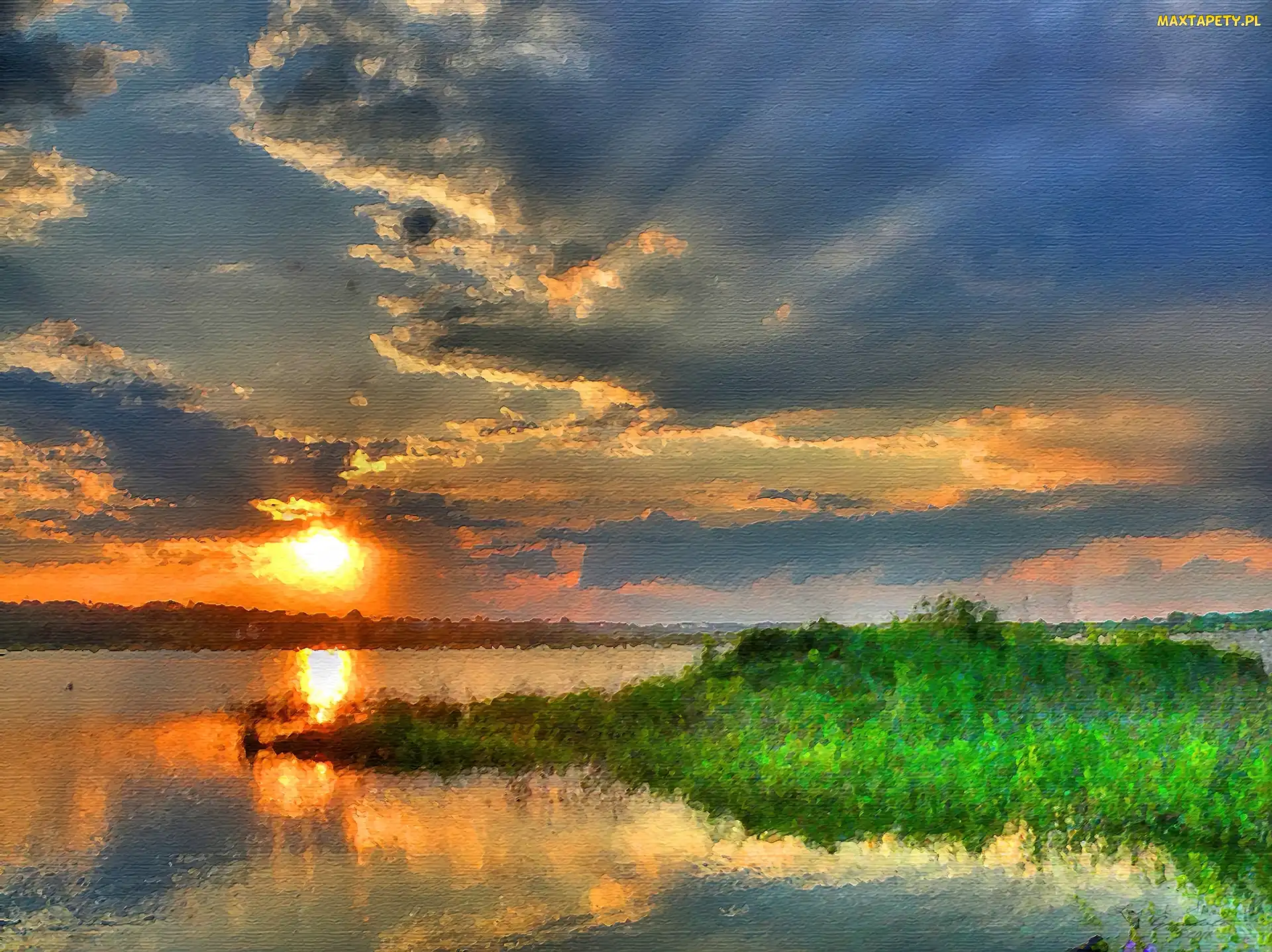 Obraz, Słońce, Chmury, Woda