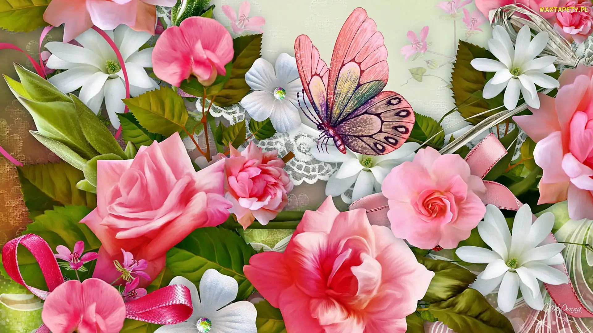 Róże, Art, Motyl, Kwiaty, Różowe