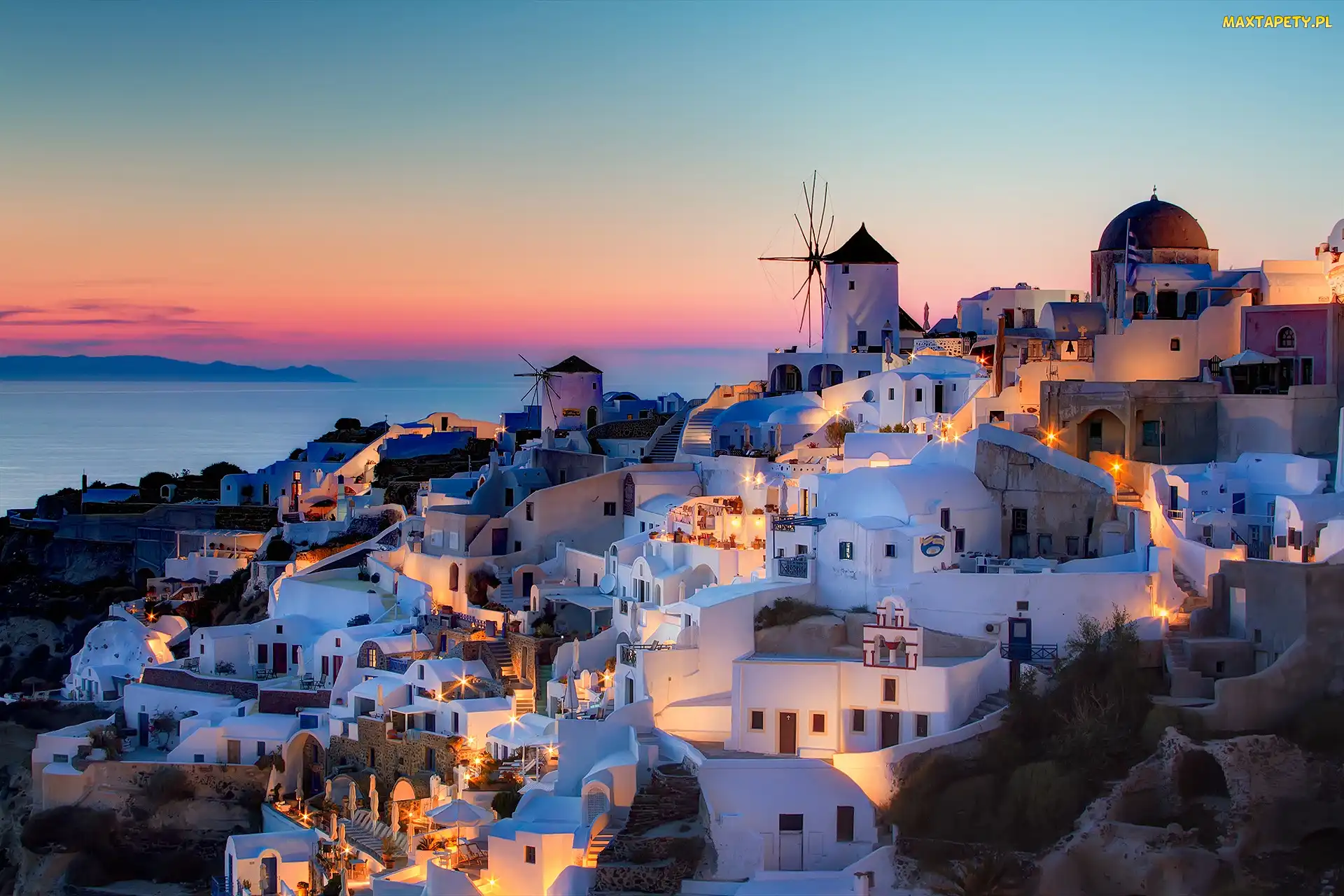 Grecja, Santorini, Wiatrak, Domy, Zachód Słońca, Wioska Oia
