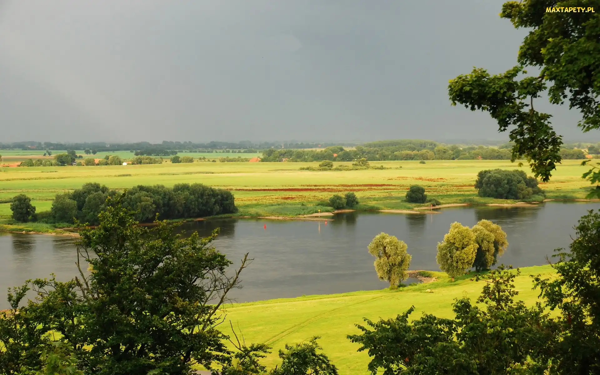 Rzeka, Panorama, Drzewa, Łąki