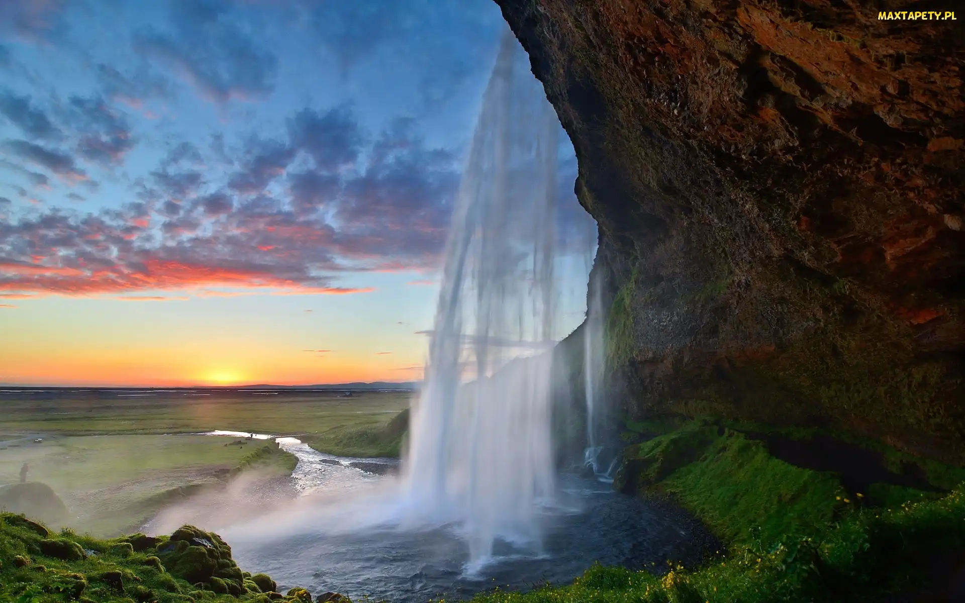 Słońca, Zachód, Islandia, Wodospad