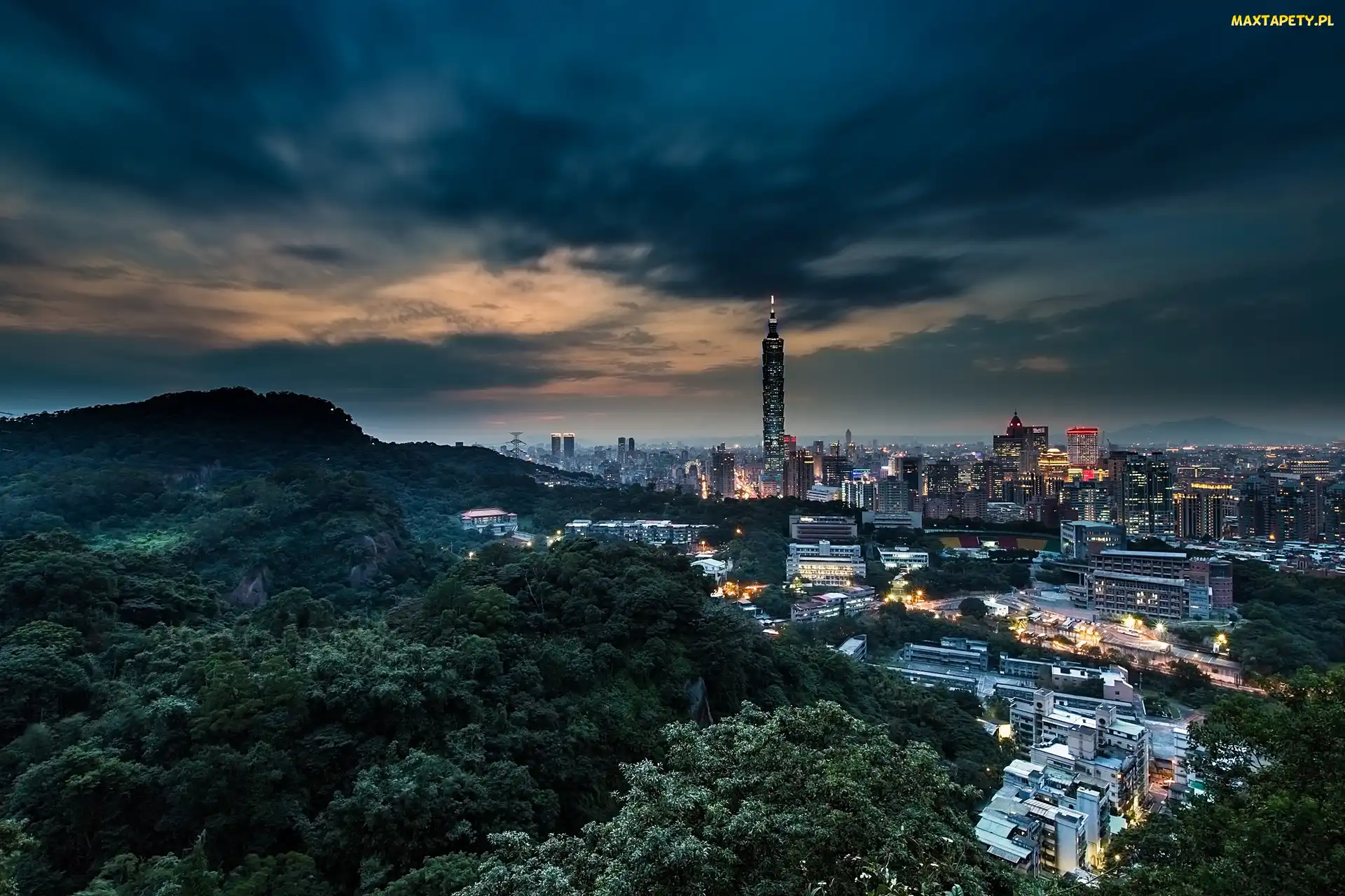 Panorama, Noc, Tajwan, Chiny, Tajpej, Miasto