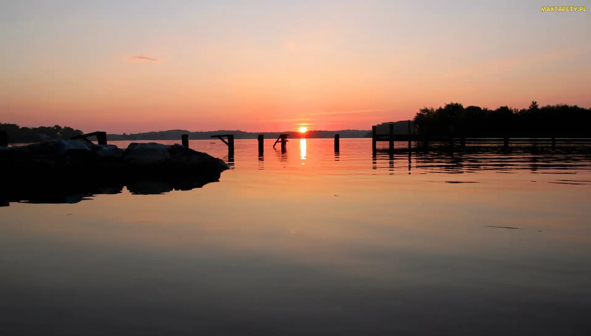 Jezioro, Słońca, Zachód, Molo